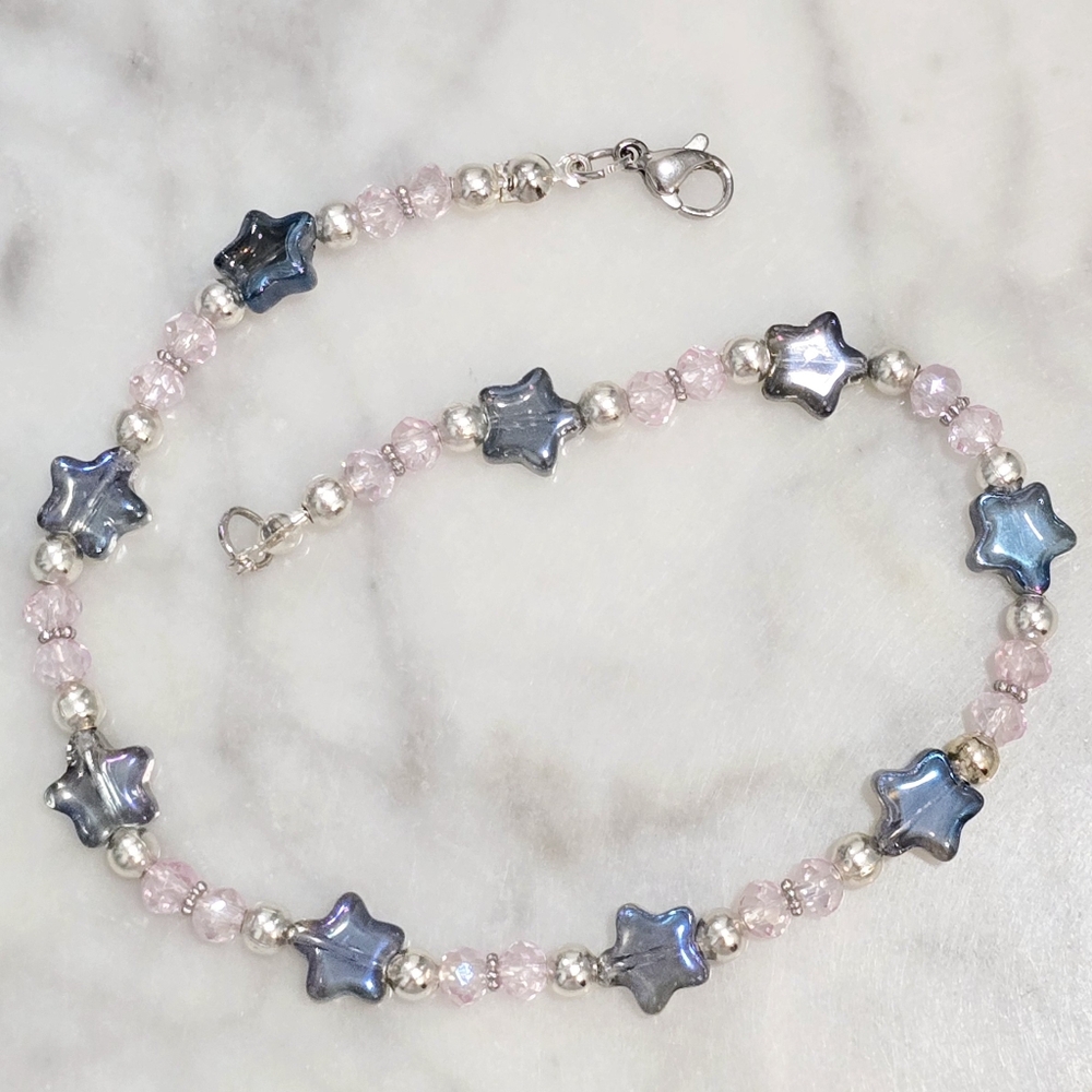 Handmade Holo Blue Stars Pink Crystals Silver Beads Beaded Ankle Bracelet Anklet